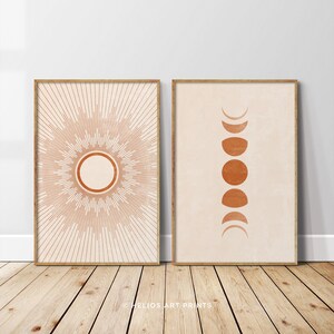 Two Piece Sun and Moon Printable, Burnt Orange Beige Printable Mid Century Modern Wall Art, Moon Phases Digital download, Celestial Boho Art
