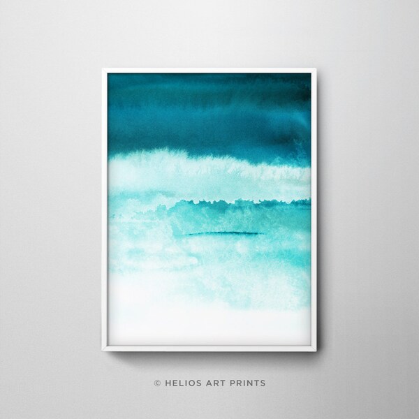 Bright blue impressionist cloudy sky watercolour art print. Turquoise cloudscape printable digital downloadable wall art