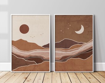 Sun and Moon Print Set of 2, Abstract Landscape, Brown and Beige Printable Mid Century Modern Wall Art, Digital download, Boho Prints