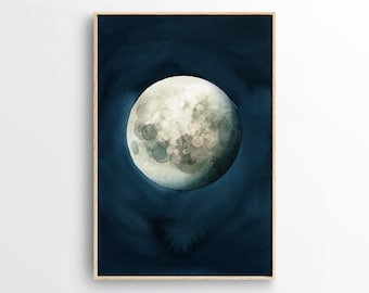 Full Moon Poster Art, Blue Moon Printable, Celestial Boho Wall Art, Blue Lunar Decor Wall Art,Moon Phase Prints, Night Sky Downloadable Art.