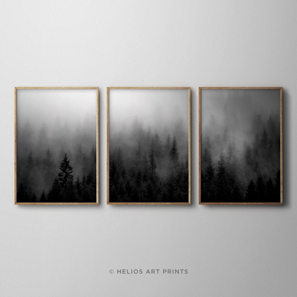 Set of three black and white misty forest wall art prints Set | Etsy