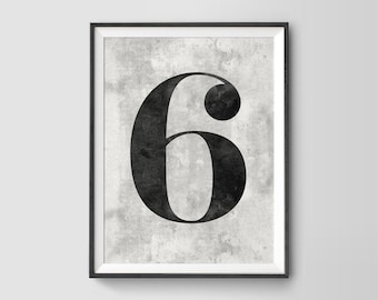 Elegant Number Six Print. Distressed 6 Classic Typeface Numeral