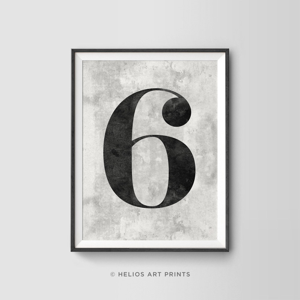 Elegant Number Six Print. Distressed 6 Classic Typeface Numeral