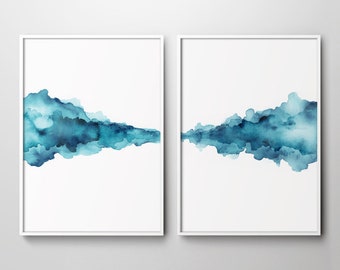 Set of 2 blue modern abstract landscape watercolour prints. Set of two teal blue printable digital downloadable wall art