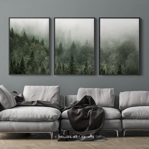 Set of Three Misty Green Forest Landscape Art Prints. Set of 3 Alpine ...