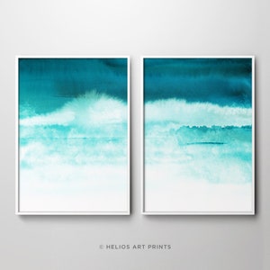 Set of 2 turquoise blue cloudscape watercolour painting art print, teal blue printable digital downloadable wall art