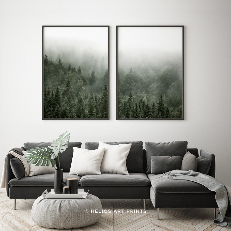 Set of 2 Misty Green Forest Landscape Contemporary Wall Art. Set of Two ...