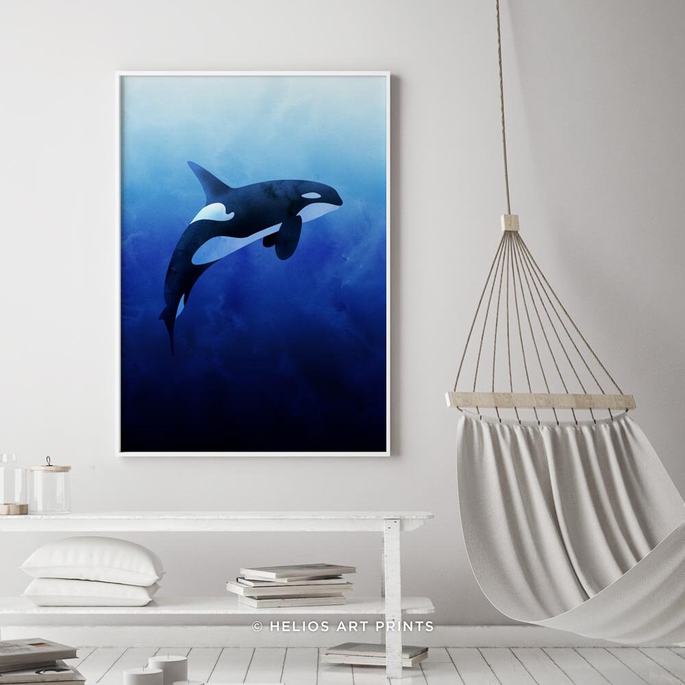 Watercolour Killer Whale Against a Deep Blue Ocean Background. Mid ...