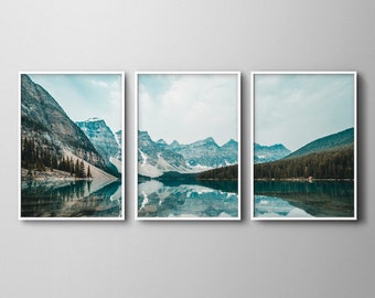 Set of three brown, blue and green mountain and lake reflection landscape prints. Set of 3 mountain range lake reflection modern wall art