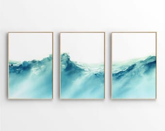 Set Of 3 Turquoise Ocean Downloadable Art Prints. Three Piece Printable Wall Art Watercolour of Tropical Sea. Beach Art. Coastal Interior.