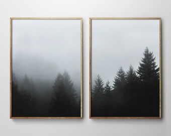 May include: Two framed prints of a foggy forest scene with tall, dark trees silhouetted against a light gray sky.