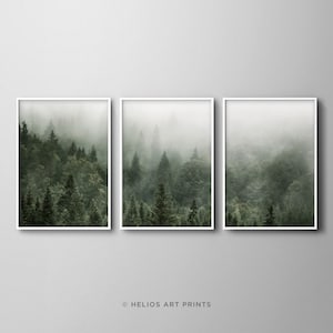 Set von drei nnebelgrünen Wald Landschaft Kunstdrucke. Satz von 3 alpinen Wald Wandkunst. Tiefgrün-Grün neblige Kiefer Wald herunterladbare Druck