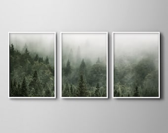 Set of three misty green forest landscape art prints. Set of 3 alpine forest wall art. Deep green foggy pine forest downloadable print