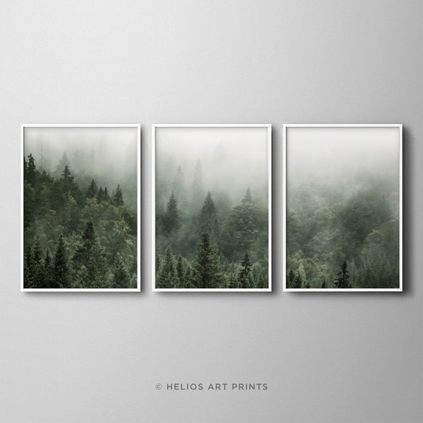 Set of three misty green forest landscape art prints. Set of 3 alpine forest wall art. Deep green foggy pine forest downloadable print