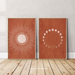 Sun and Moon Phase Mid Century Prints, Set Of 2 Terracotta Beige Celestial Modern Wall Art, Southwestern Boho Art, Moon Phases Printable