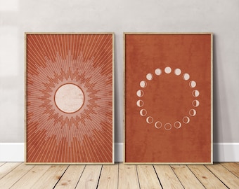 Sun and Moon Phase Mid Century Prints, Set Of 2 Terracotta Beige Celestial Modern Wall Art, Southwestern Boho Art, Moon Phases Printable