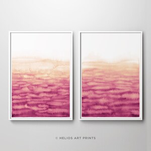 Set Of 2 Impressionist Meadow Watercolour Art Prints In Blush Pink And Gold. Set Of Two Rose And Gold Watercolor Downloadable Wall Art