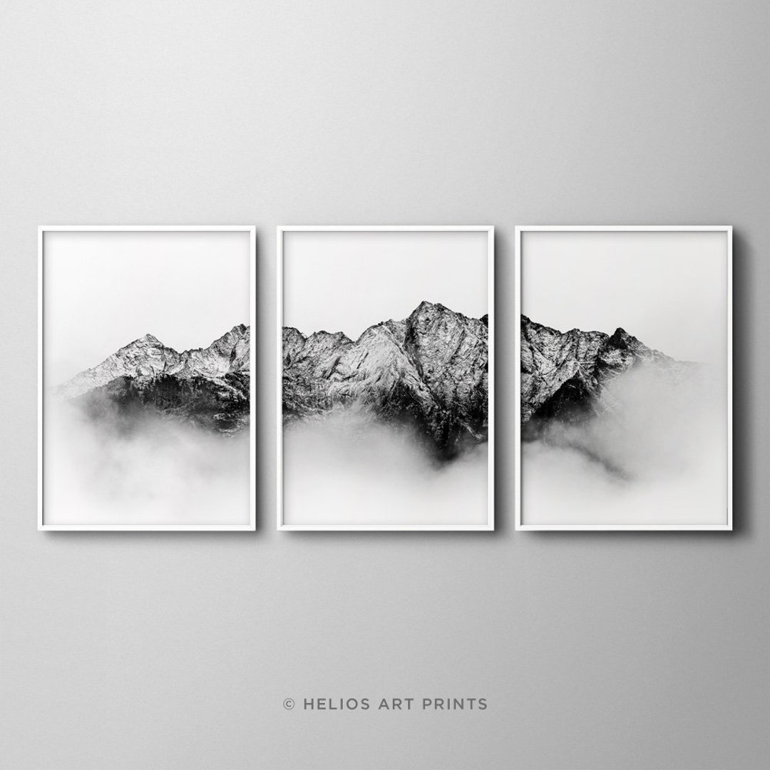Set of Three Black and White Cloud Covered Mountain Range Wall Art ...