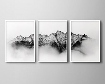 Set of three black and white cloud covered mountain range wall art prints. Set of 3 snowy cloudy mountain peaks digital prints