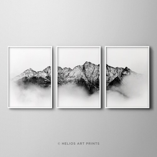 Set of Three Black and White Sunset Misty Mountain Landscape - Etsy