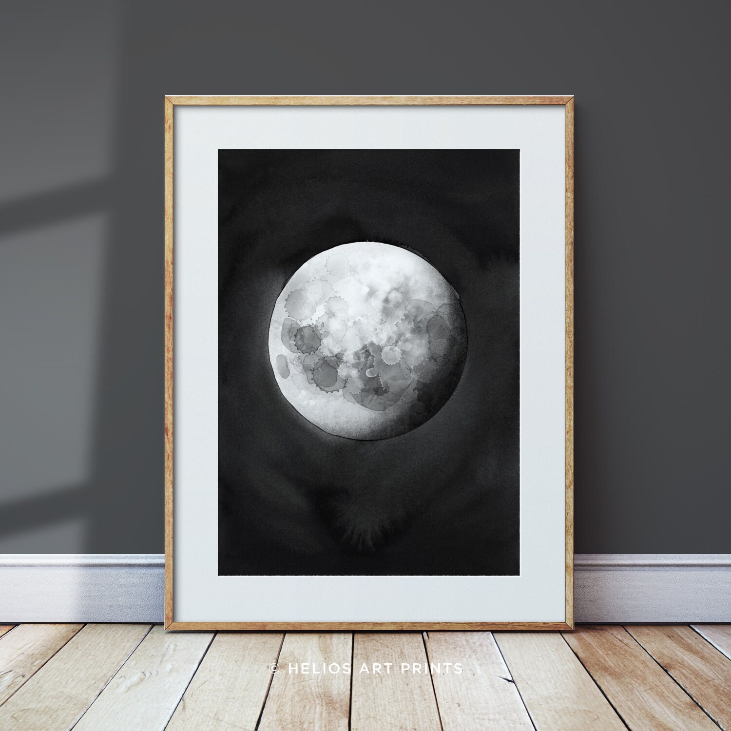 Full Moon Wall Art. Black and White Lunar Watercolour Print. - Etsy