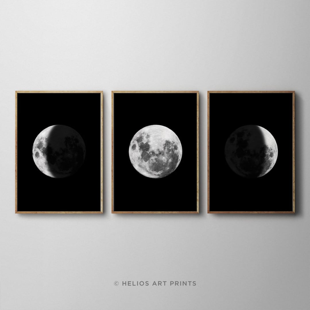 Set of Three Moon Phase Art Prints, Set of 3 Lunar Phases Wall Art, 3 ...