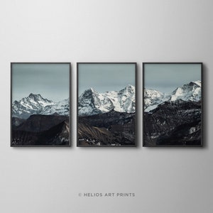 Set of three rocky mountain landscape modern wall art. Set of 3 blue, grey and brown mountain peak art prints