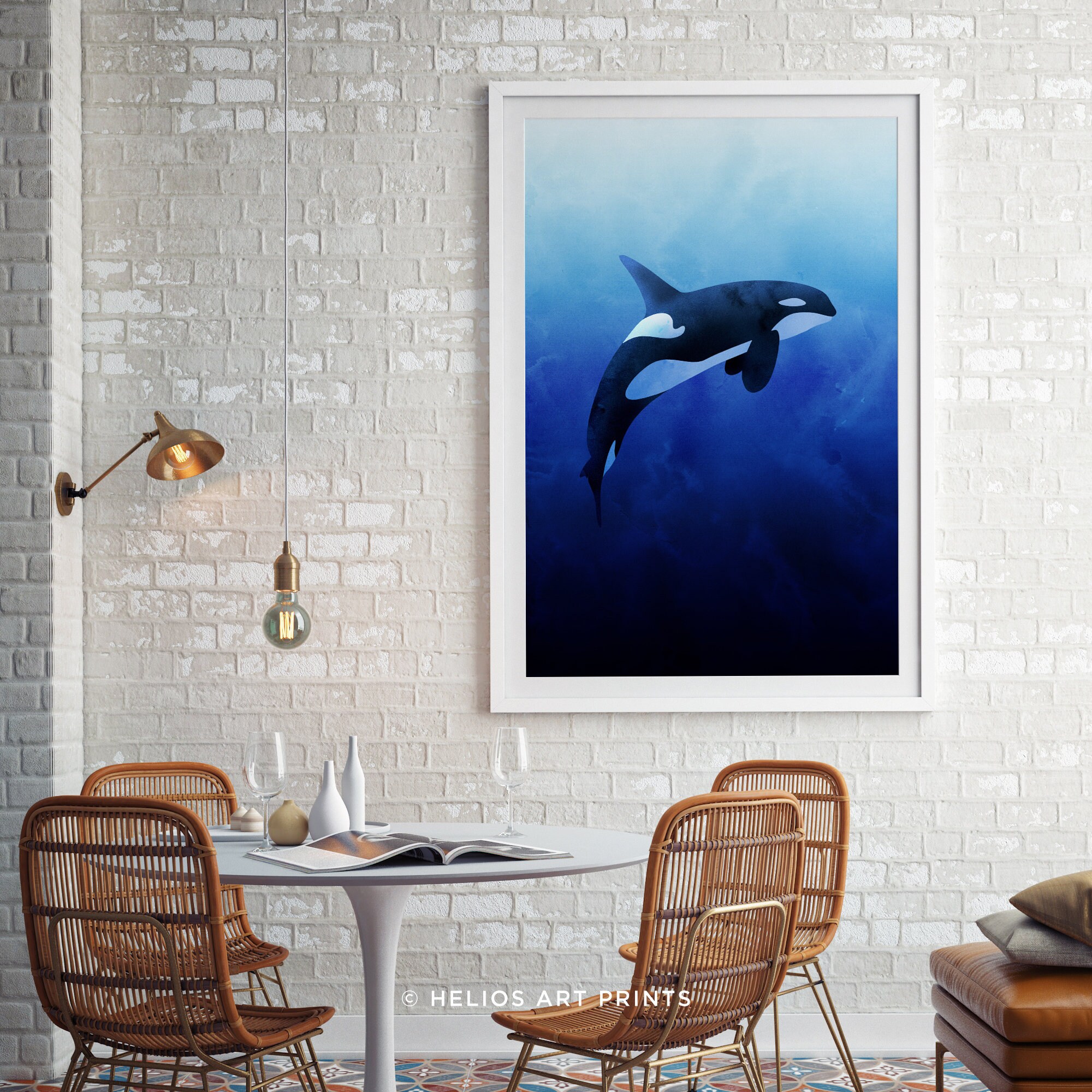 Watercolour Killer Whale Against a Deep Blue Ocean Background. Mid ...