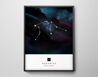 Aquarius Constellation Art Print, Impresión de signo de estrella, Impresión del horóscopo, Arte de la pared del zodiaco, impresión del zodiaco, arte de la pared de la astrología, arte de la pared del dormitorio