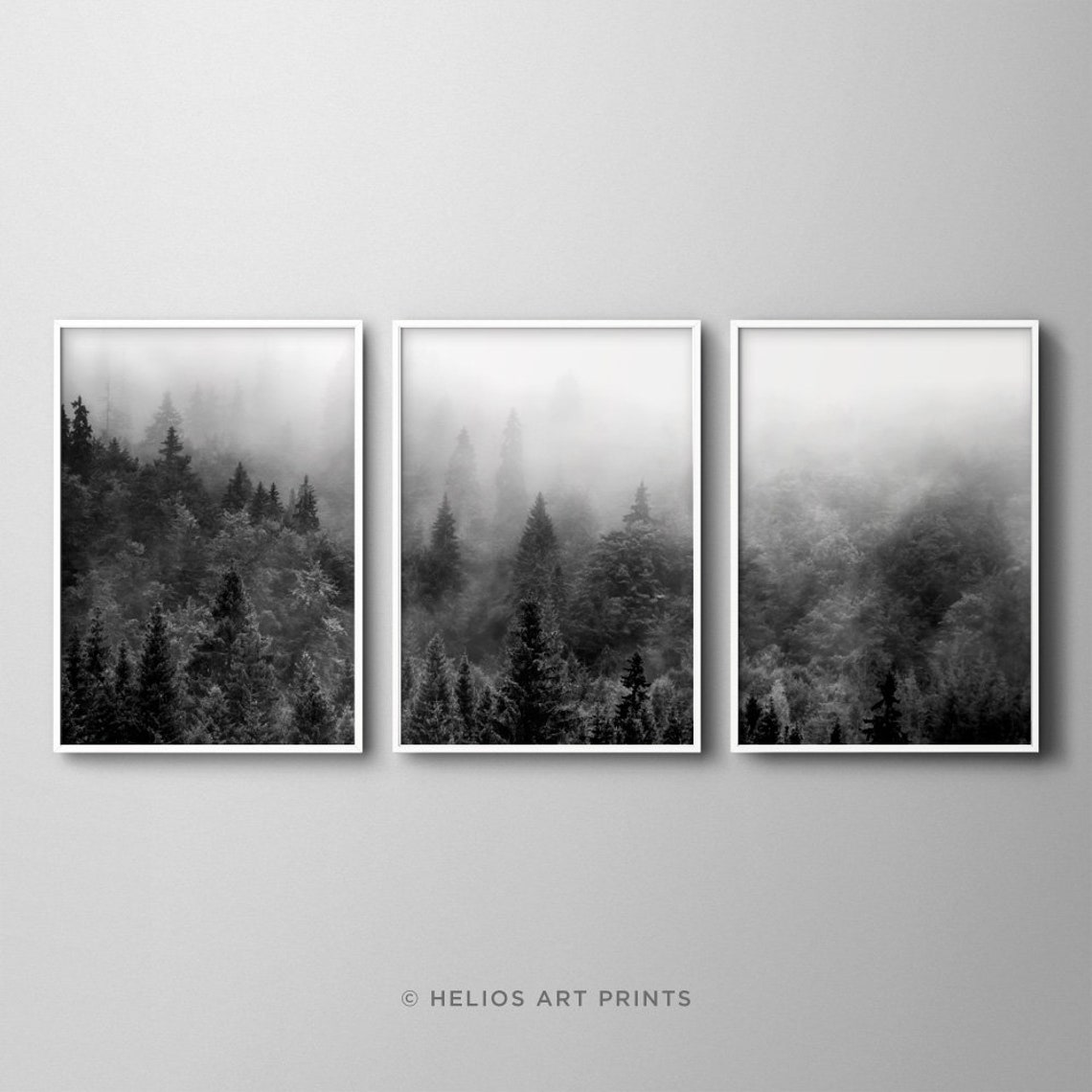 Set of Three Black and White Misty Forest Landscape Art - Etsy