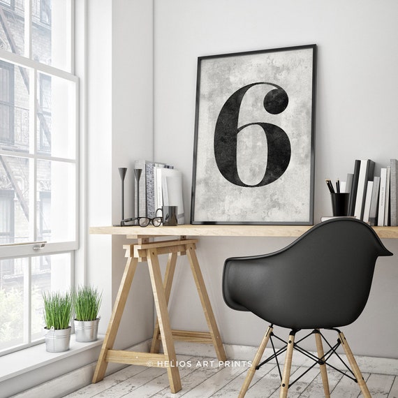 Elegant Number Six Print. Distressed 6 Classic Typeface Numeral