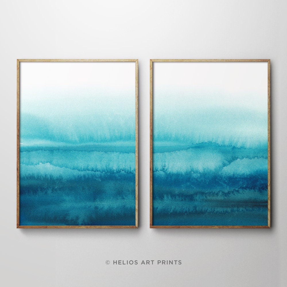 Blue Abstract Wall Art Modern Digital Print Set of 2 Wall Hangings Wall Decor