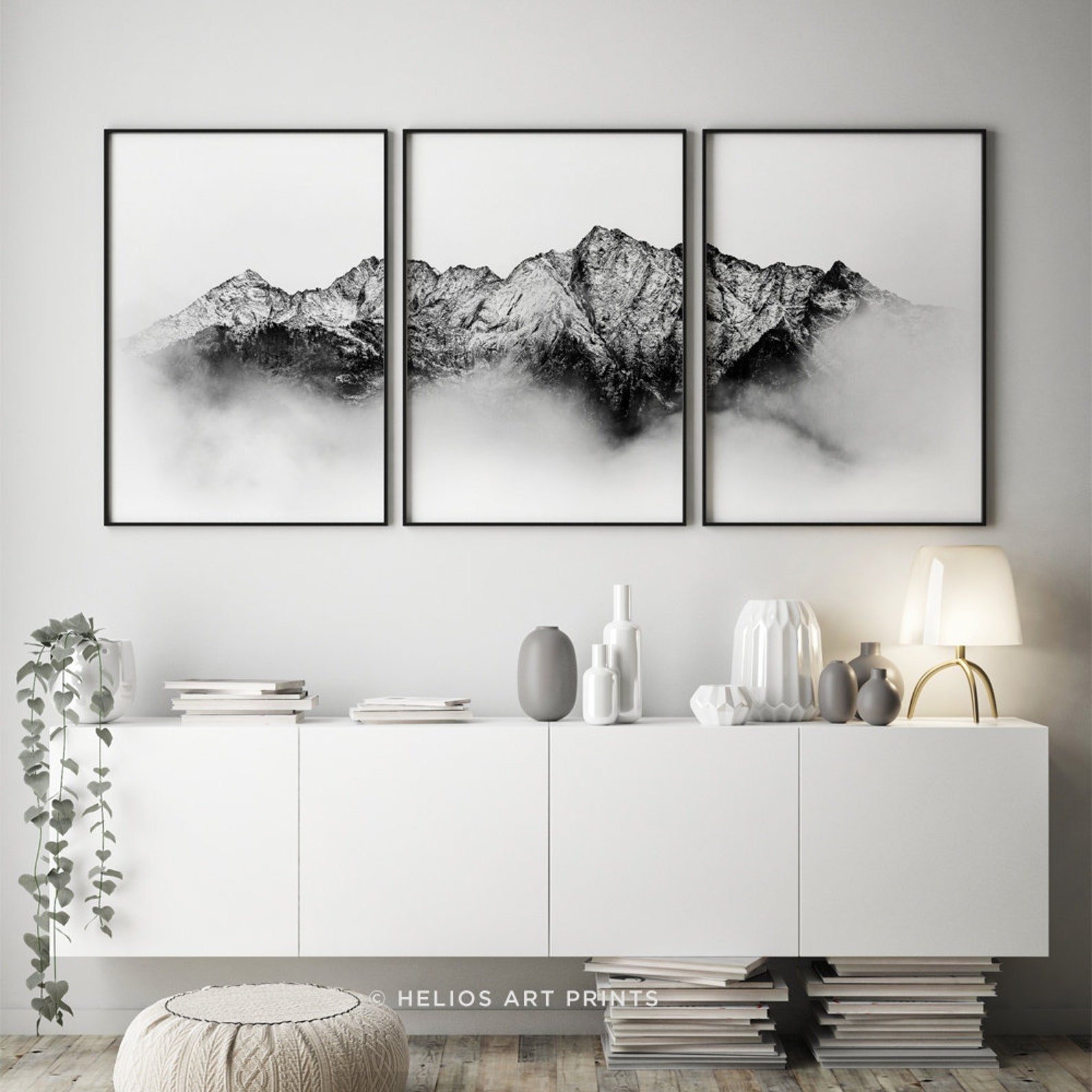 Set of Three Black and White Cloud Covered Mountain Range Wall - Etsy ...