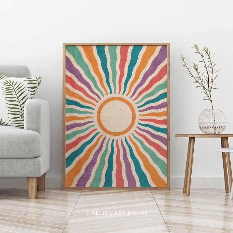 May include: A retro-style sunburst print with a colorful design of orange, red, purple, teal, and green stripes radiating from a central circle. The print has a vintage aesthetic and would be a great addition to a modern home.
