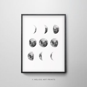9 phases of the moon, black on white contemporary wall art. Black and white lunar phases, downloadable printable celestial wall art