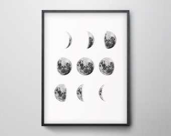 9 phases of the moon, black on white contemporary wall art. Black and white lunar phases, downloadable printable celestial wall art