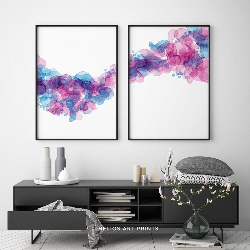 Set of 2 Blush Pink and Blue Abstract Watercolour Modern Art Etsy