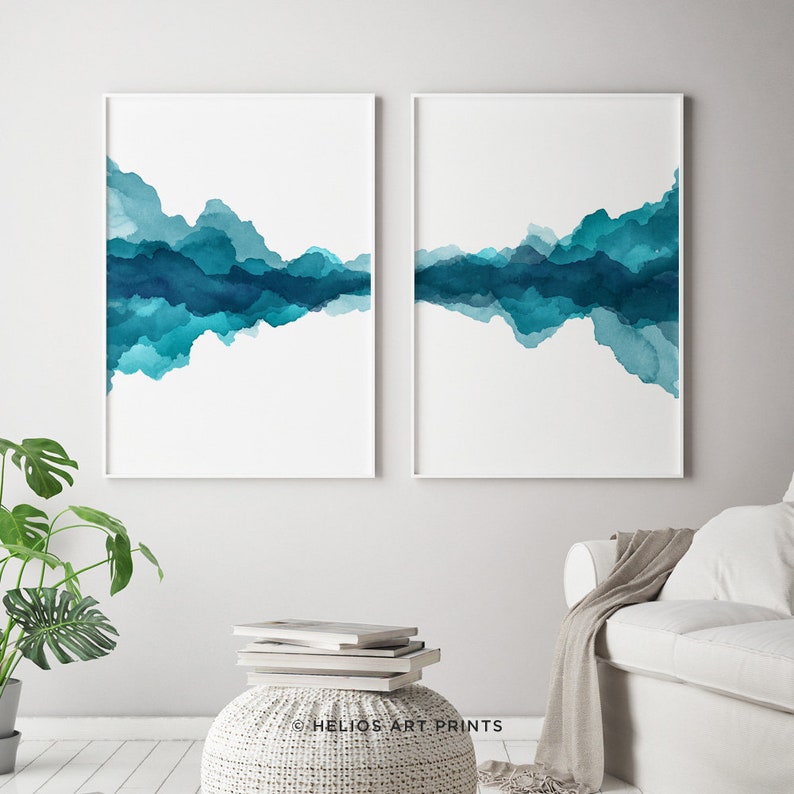 set of two teal and turquoise blue printable wall art set of 2 blue modern abstract landscape watercolour art prints art & collectibles prints sibawor.id set of two teal