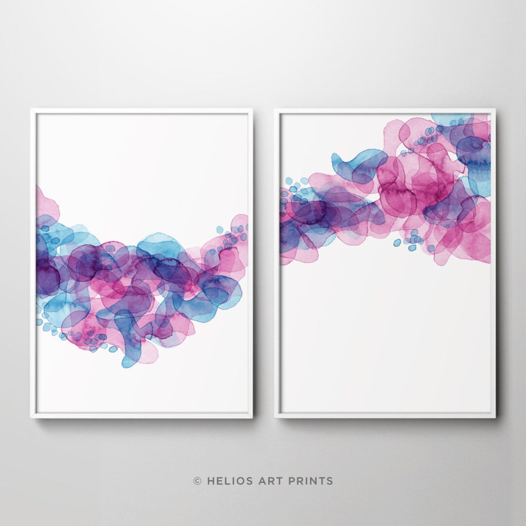 Set of 2 Blush Pink and Blue Abstract Watercolour Modern Art Prints ...