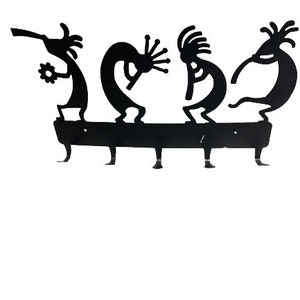 May include: Black metal key holder with four hooks shaped like Kokopelli figures playing musical instruments.
