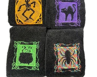 Juego de toallas bordadas de Halloween: esqueleto, gato, caldero y araña
