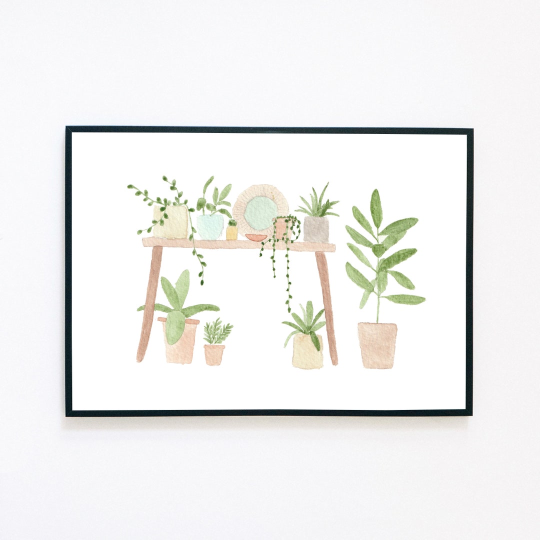 Side Table With Plants Water Colour Print Wall Print Etsy