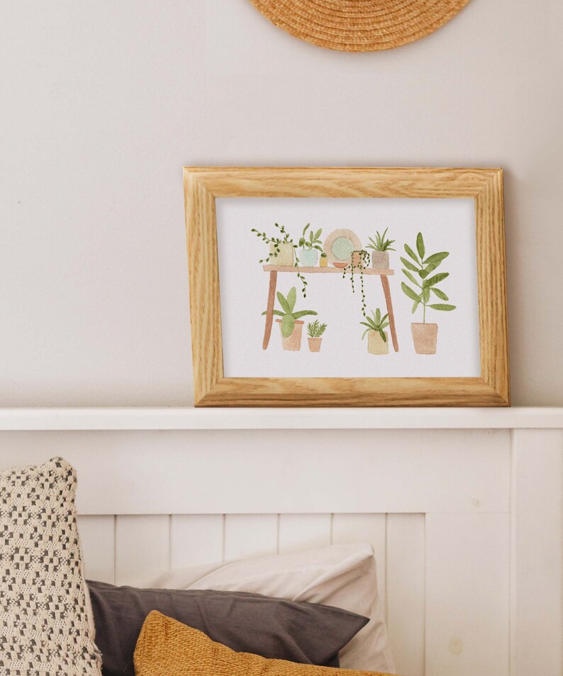 Side Table With Plants Water Colour Print Wall Print Etsy