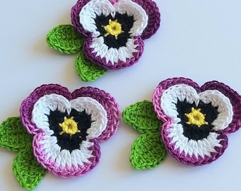 Crochet applique, crochet flowers, 3 crochet violets , cardmaking, scrapbooking, appliques, handmade, sew on patches, embellishments