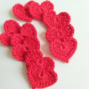 Crochet applique hearts,10 crochet red hearts, cardmaking, appliques, handmade, sew on patches. embellishments