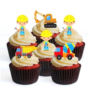 Adornos comestibles para cupcakes con temática de construcción y constructor: excavadora y camión