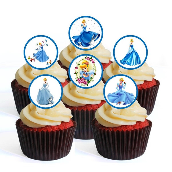 24 Princess Cinderella Edible Cupcake Toppers (PRECUT Optional) - Cinderella Theme wafer card disc cake decorations Stand Up/Lie Flat