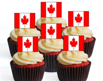 24 Canadian Flag   Edible Cupcake Toppers (PRECUT Option) - wafer card disc cake decorations Stand Up/Lie Flat