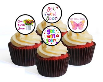 24 Get Well Soon Edible Cupcake Toppers (PRECUT Optional) - wafer card disc cake decorations Stand Up/Lie Flat