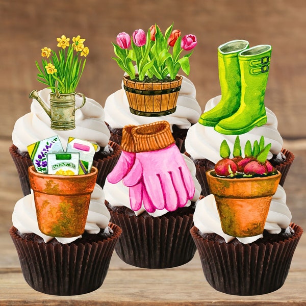 Gardening Edible Cupcake Toppers (PRECUT Optional) Green Thumb, Gardener Theme Stand Up Premium Thickness SWEETENED Wafer Cake Decorations